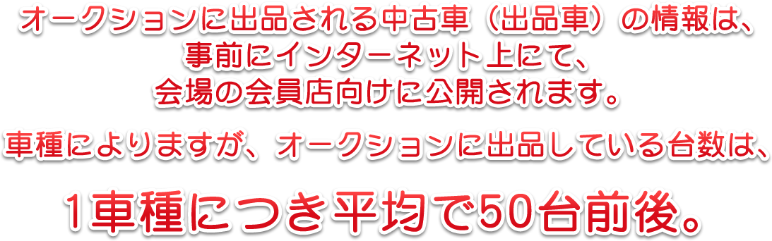 オークションに出品される中古車（出品車）の情報は、事前にインターネット上にて、会場の会員店向けに公開されます。　車種によりますが、オークションに出品している台数は、1車種につき平均で50台前後。